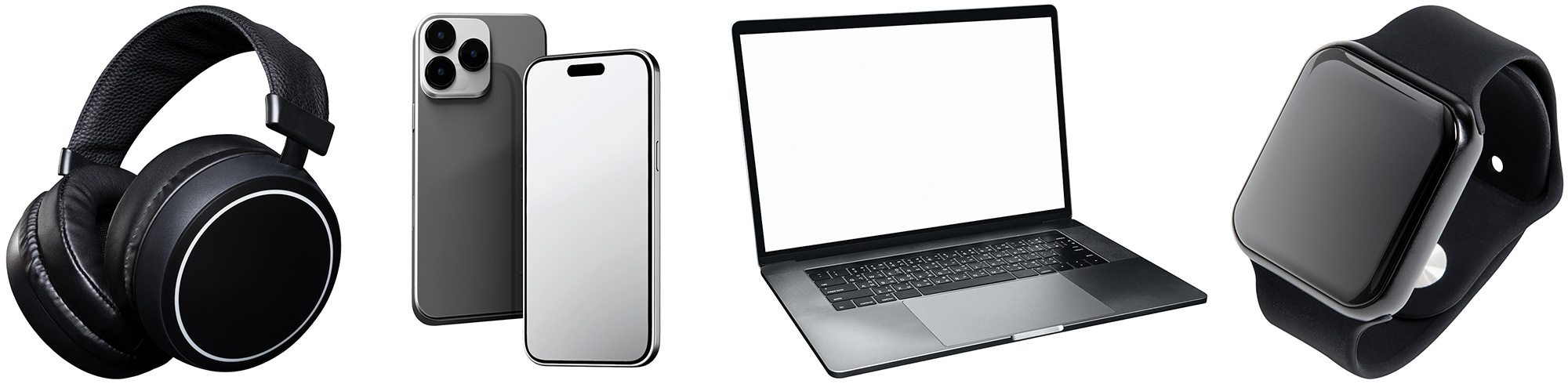 A collection of four modern electronic devices arranged in a row against a white background