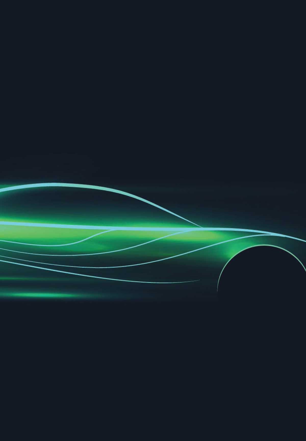 An abstract digital illustration of a car silhouette defined by glowing green and teal light trails, representing automotive electromagnetic fields and electronic signal flow