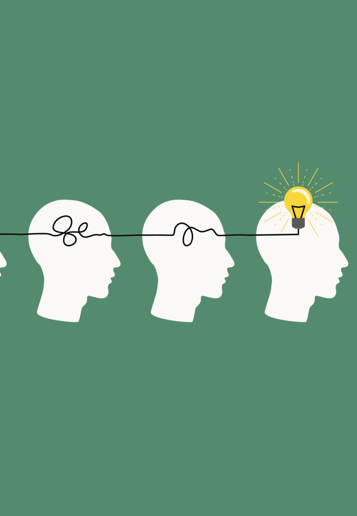 Three human silhouettes connected by a line that transitions from tangled to smooth before illuminating a light bulb in the final head
