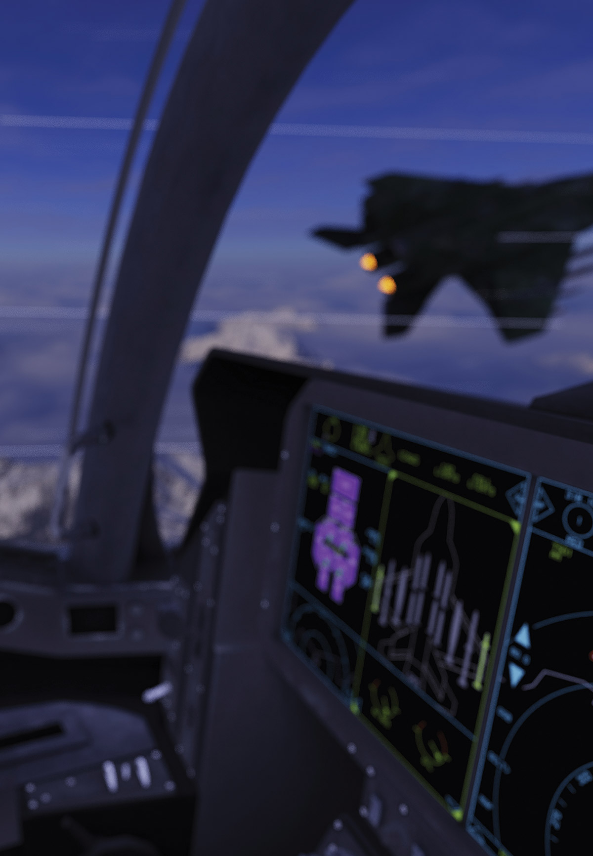 A first-person view from inside a fighter jet cockpit looking out through the canopy at another aircraft flying ahead against a blue sky with scattered clouds