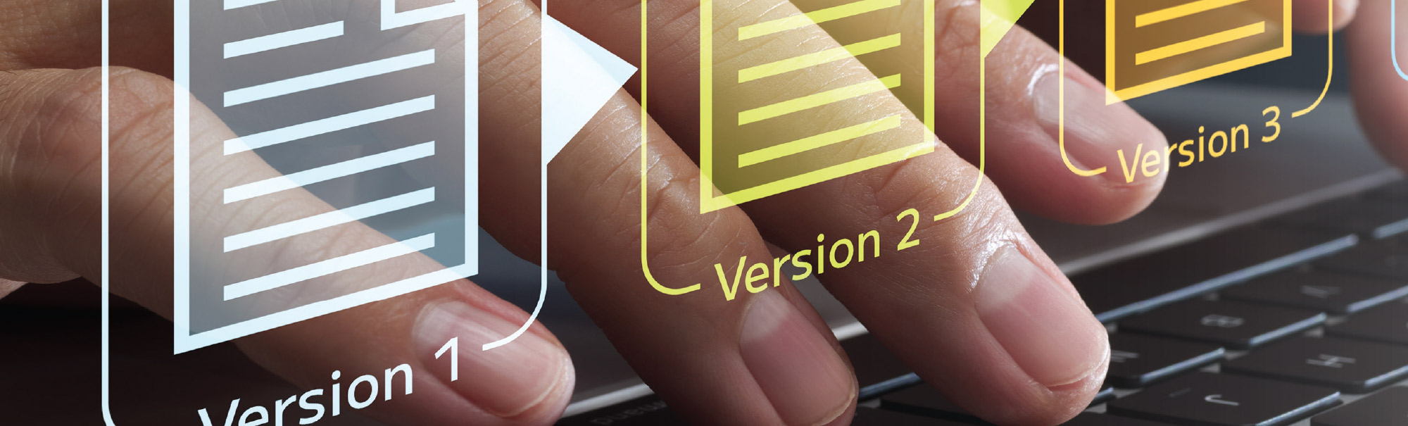 fingers on keyboard with floating files above named Version 1, Version 2, Version 3, etc.