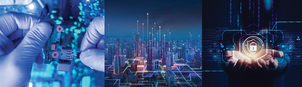 A digital composite image showing hands in blue gloves working on a circuit board on the left, a futuristic city with glowing network nodes in the center, and hands holding a digital security padlock icon on the right