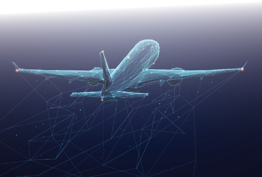 Low-poly wireframe illustration of an airplane flying upward; Blue glowing lines and dots connect everything on a dark navy blue gradient background