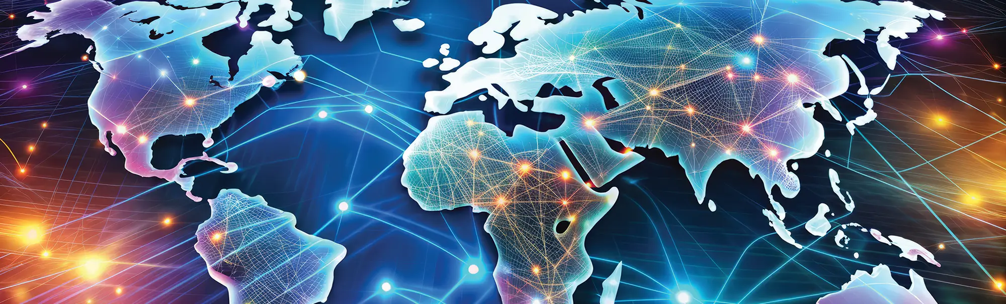 A stylized digital world map showing continents connected by an intricate web of glowing lines and light points.