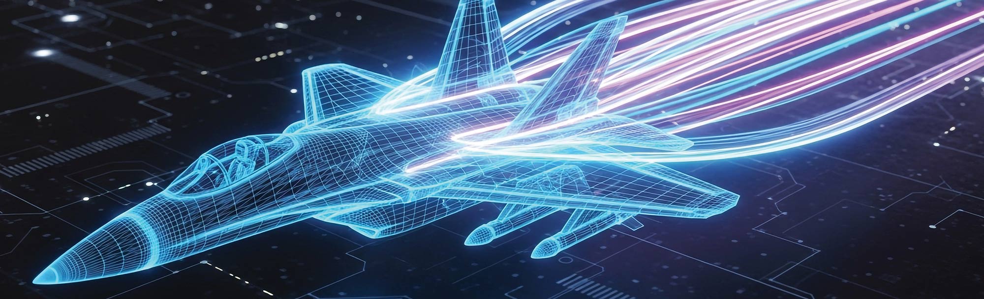 Futuristic digital illustration of a fighter jet as a glowing blue 3D wireframe hologram on a dark circuit-patterned background. Neon blue and pink streaks of light flow backward, simulating high-speed aerodynamic data streams.