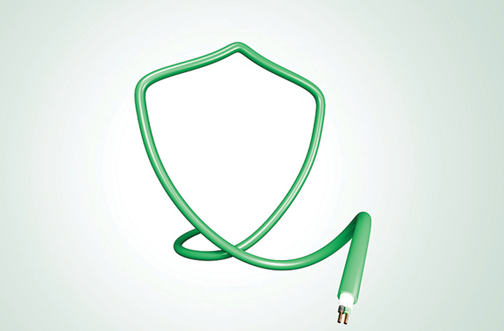A green electrical cable set against a pale gradient green background; The wire is looped and shaped to form the outline of a security shield