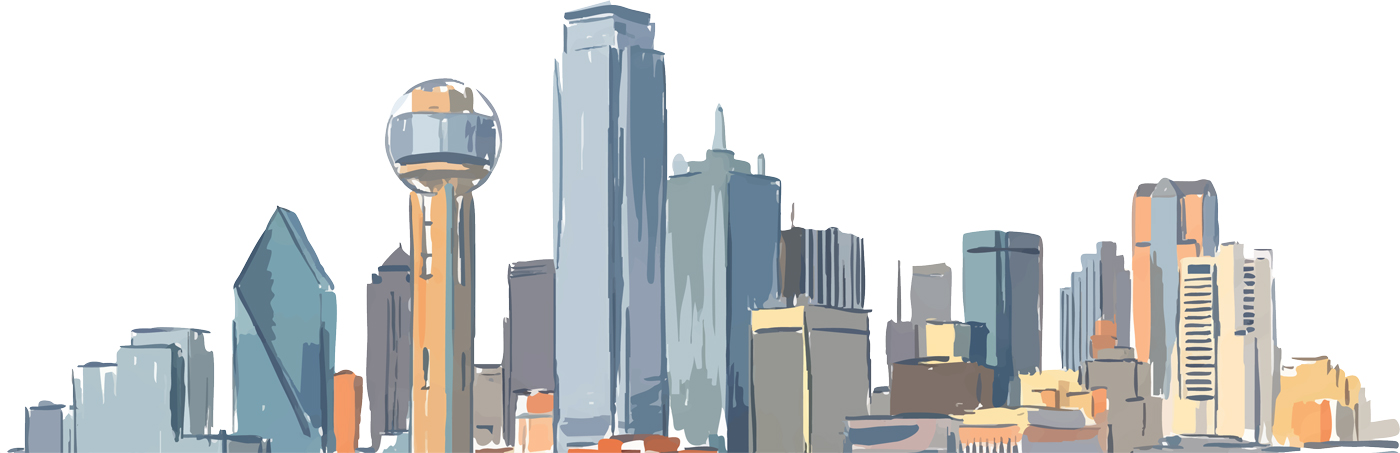 Watercolor illustration of the Dallas skyline featuring Reunion Tower and major skyscrapers on a white background.