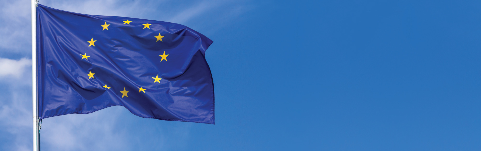 The blue European Union flag with its circle of twelve gold stars waves on a flagpole against a clear blue sky.