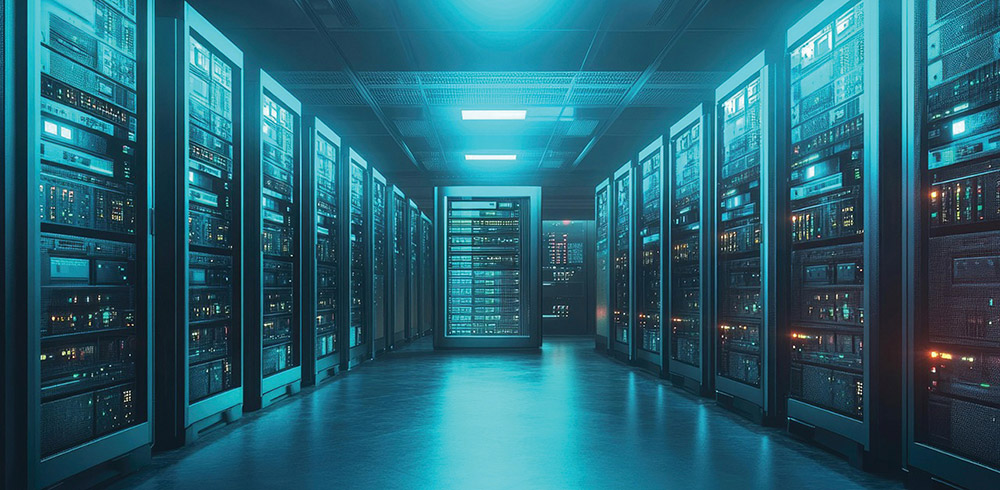 Rows of server racks line a data center aisle under bright blue lighting.