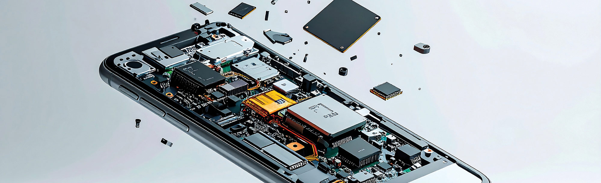 An exploded view of a smartphone’s internal components and floating microchips.
