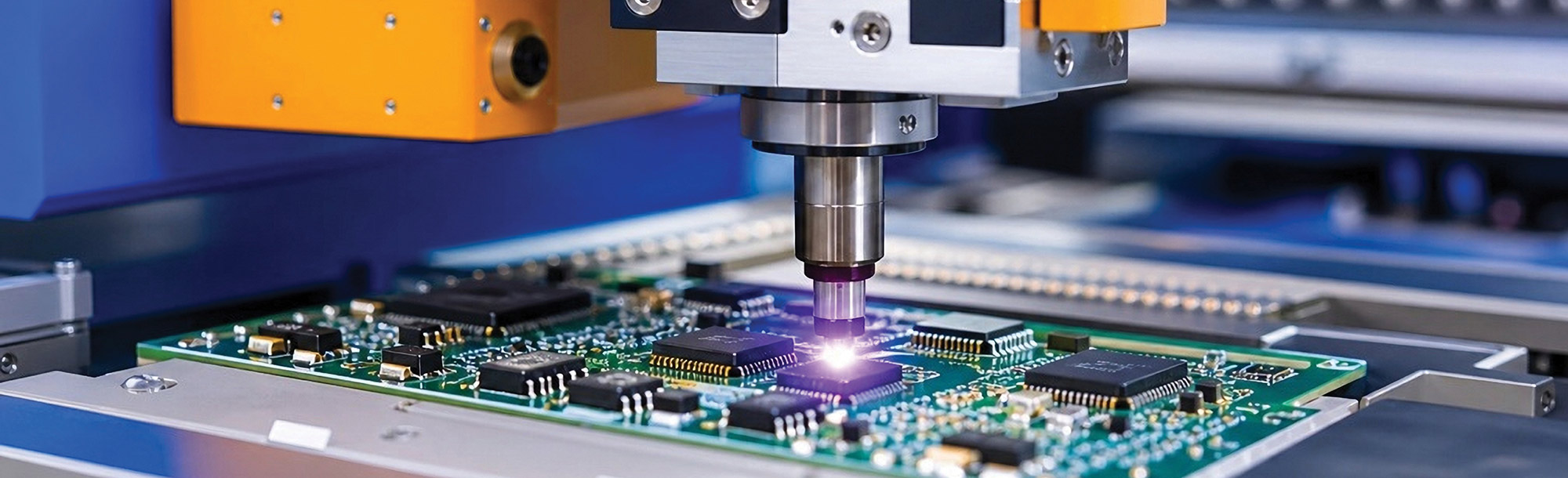 An automated machine precisely places or solders microchips onto a printed circuit board.