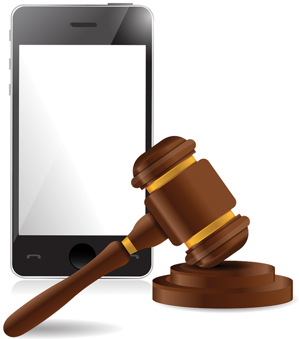 Illustration of a brown wooden gavel sitting next to a mobile phone, symbolizing legal technology.