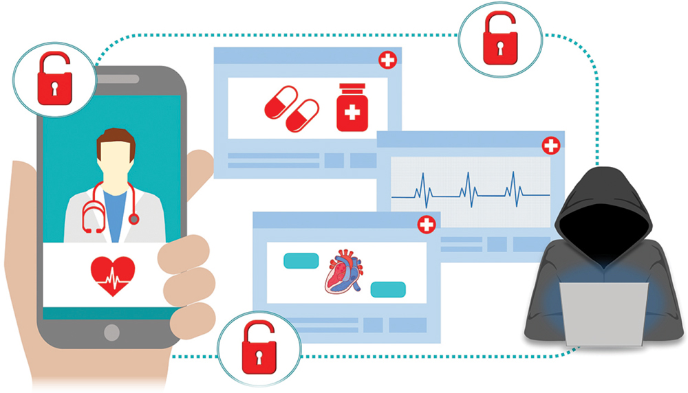 Graphic showing medical data windows, unlocked red padlocks, and a hooded hacker using a laptop.