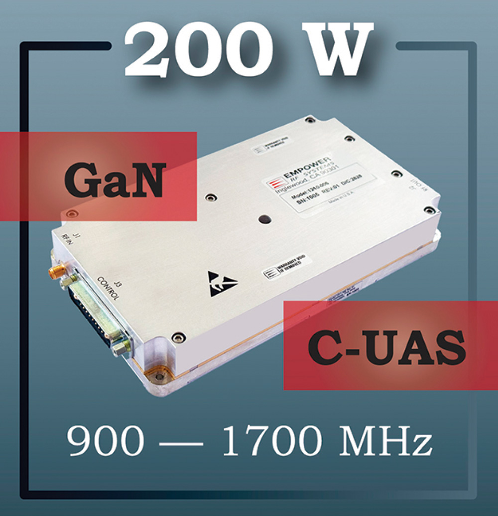 Empower RF Systems 200W GaN C-UAS module operating at 900 to 1700 MHz.