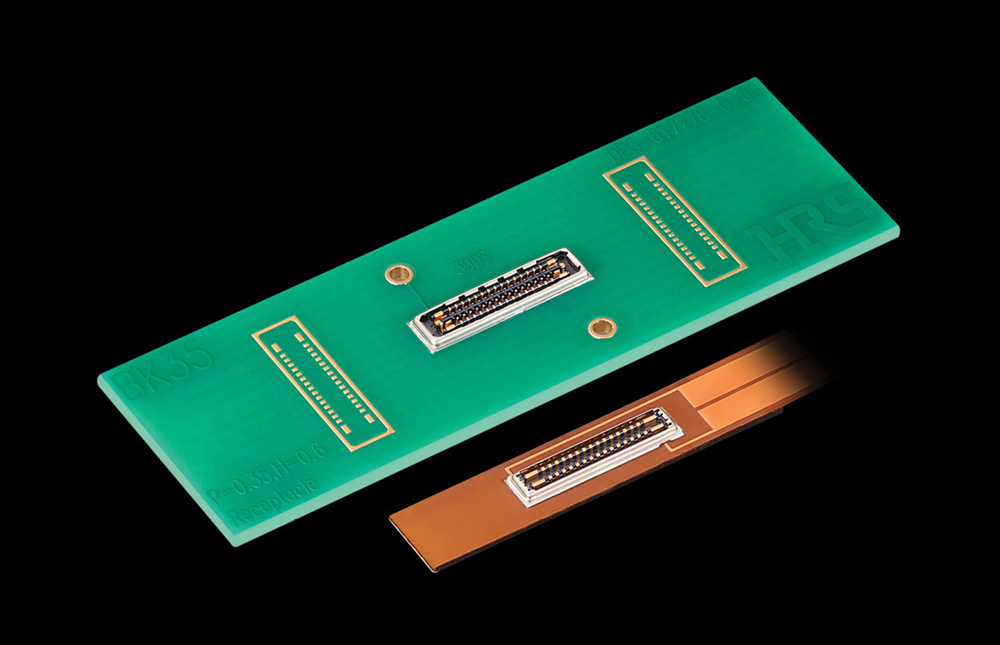 Green printed circuit board and flexible copper cable with Hirose fine-pitch connectors.