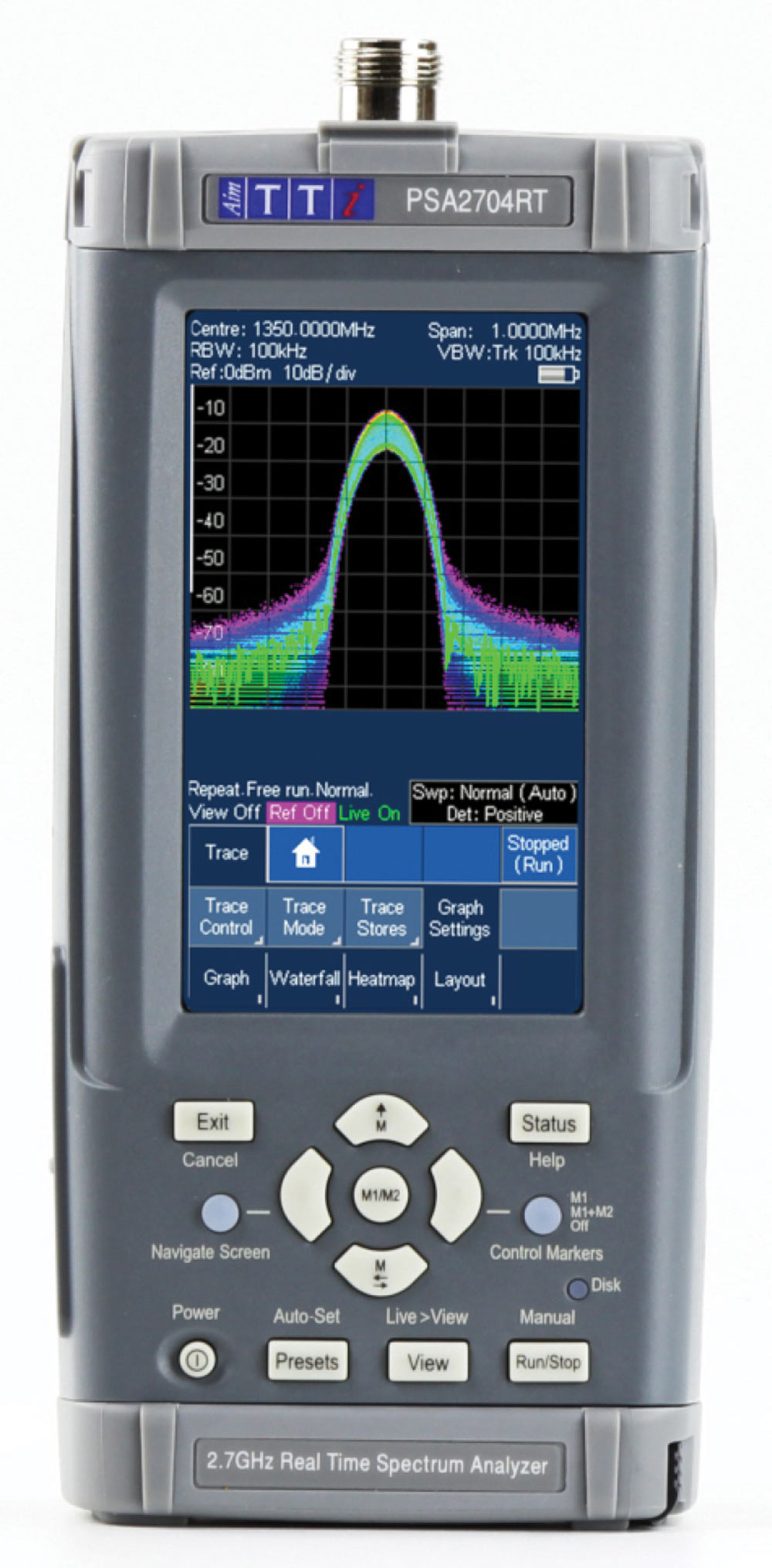 Aim-TTi PSA2704RT hand-held 2.7GHz real-time spectrum analyzer showing a signal wave.