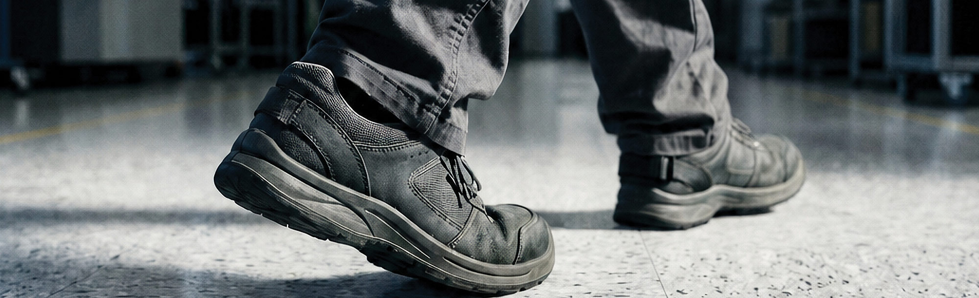 A close-up shot of a person's feet walking across a factory or laboratory floor wearing dark safety shoes.