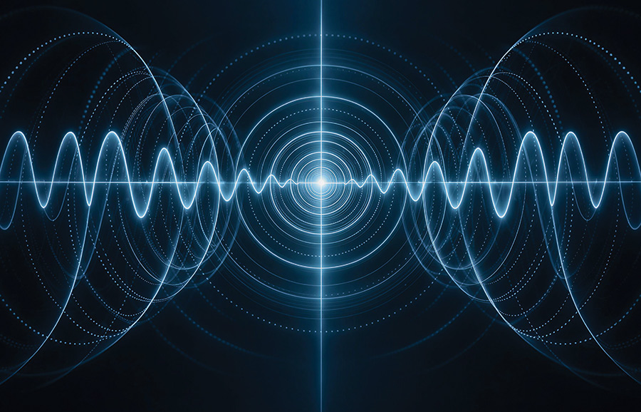 A blue digital graphic showing sound waves and concentric target rings on a dark background.
