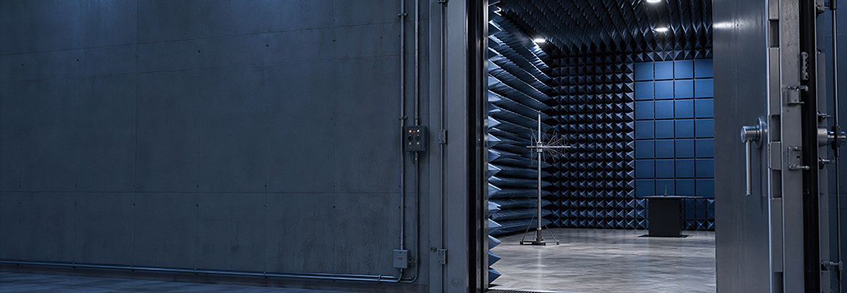 An anechoic testing chamber lined with blue acoustic foam cones visible through an open doorway.