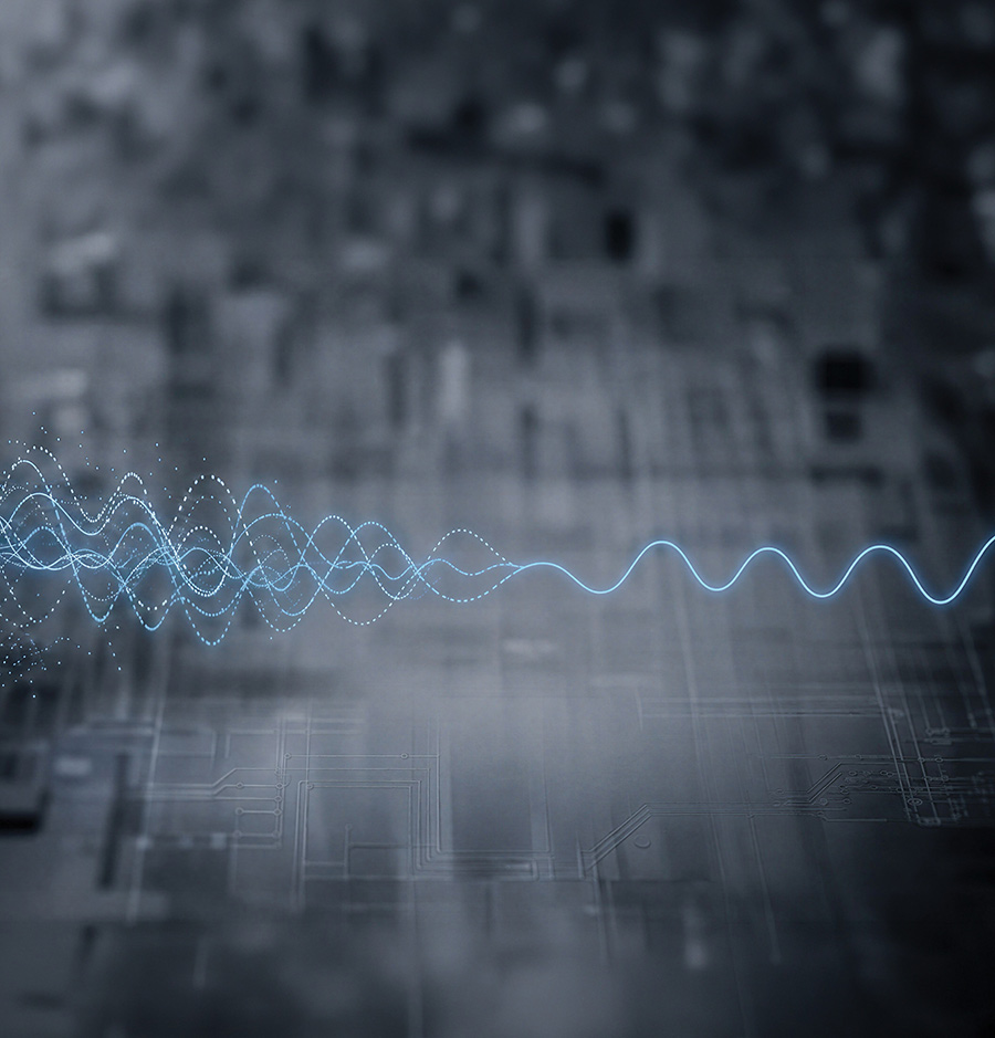 A blue digital wave converting chaotic signals into a single smooth line over circuit patterns.
