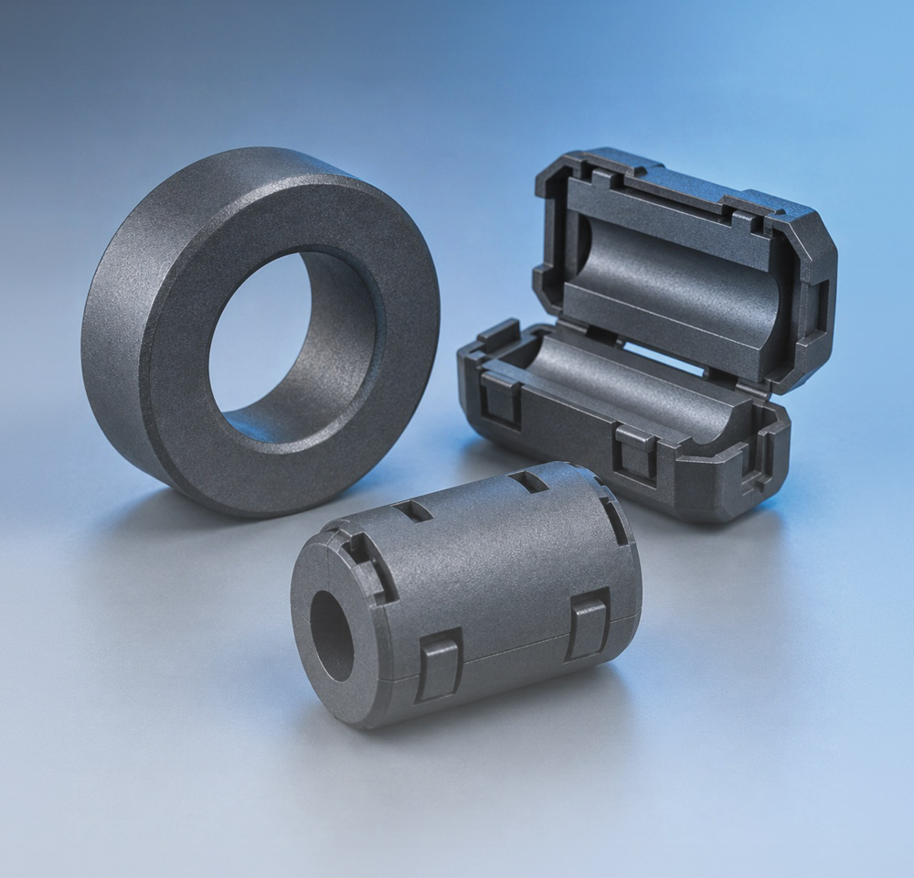 Black ferrite cores and snap-on cable noise suppressors arranged on a blue surface.