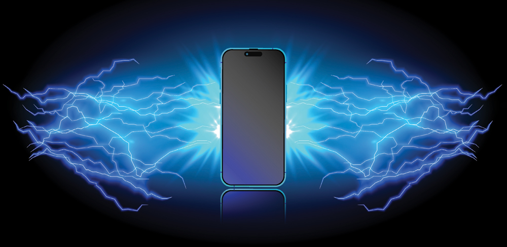 A smartphone surrounded by blue electric lightning bolts against a dark background.