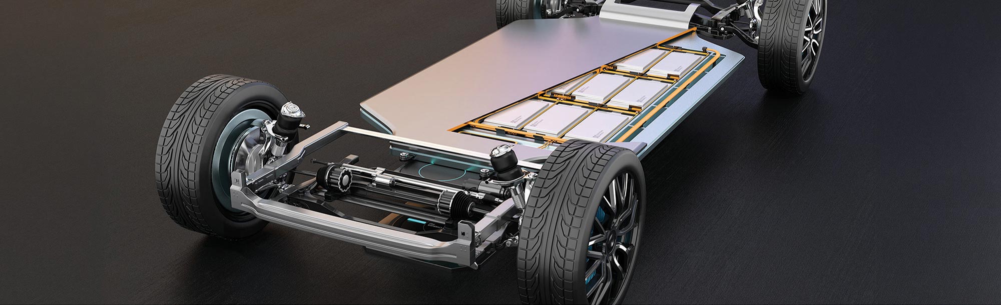 3D cutaway illustration of an electric vehicle skateboard chassis, showing wheels, suspension, drivetrain, and integrated battery pack modules.