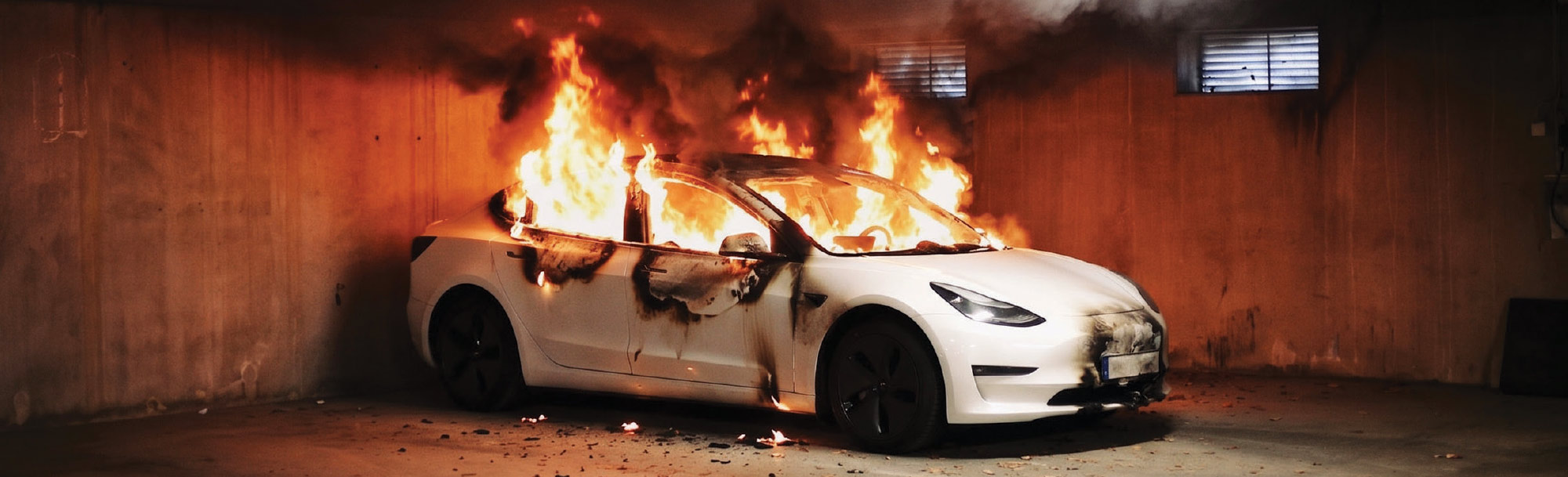 White electric car engulfed in bright flames inside a dimly lit concrete parking garage.