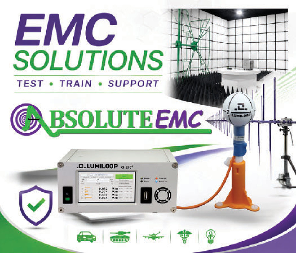 Promotional graphic for Absolute EMC displaying a Lumiloop measurement system, probe, and anechoic chamber.