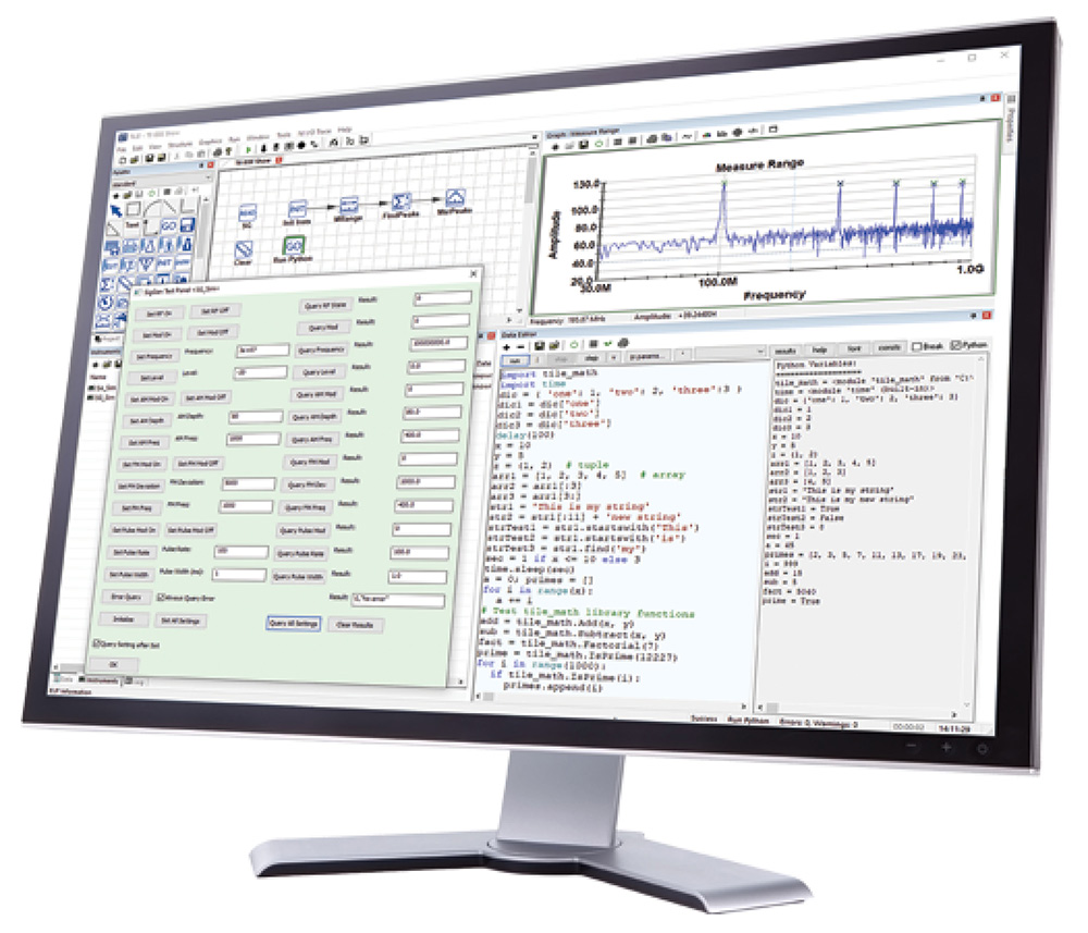 Computer monitor displaying measurement software interface with frequency graphs and code panels.