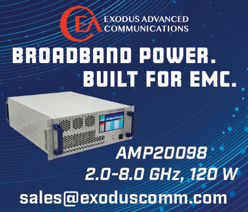Exodus Advanced Communications promotional banner featuring the AMP20098 broadband power amplifier unit.