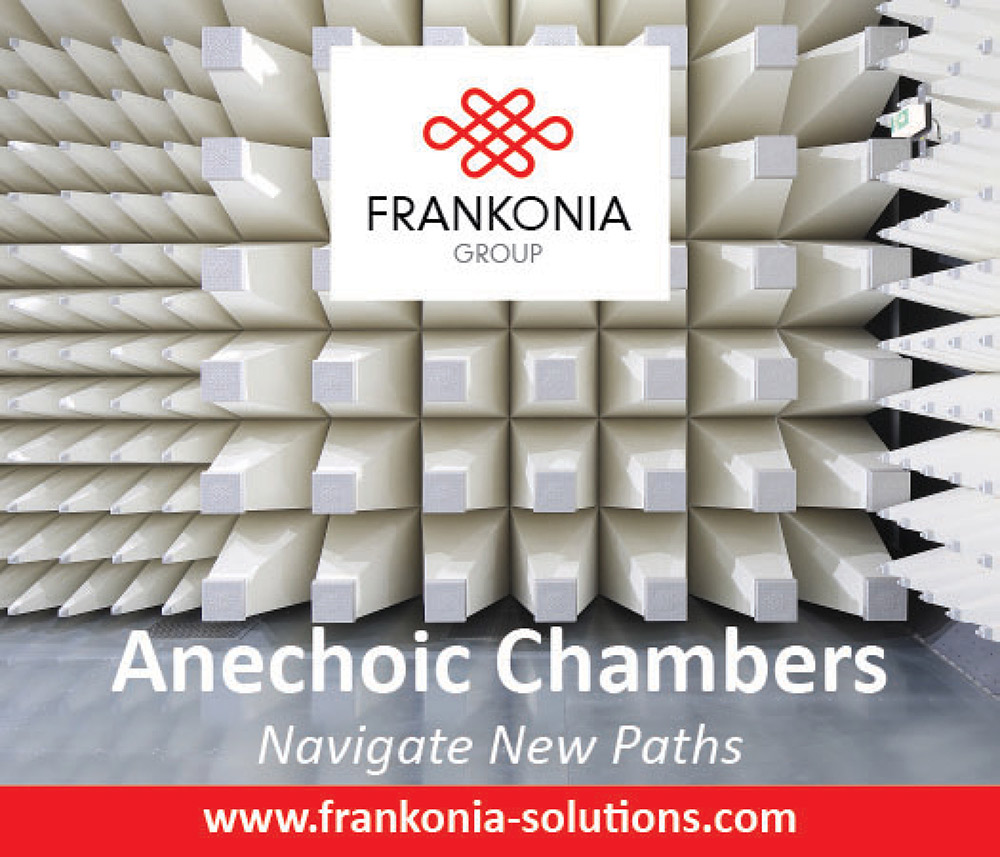 Frankonia Group graphic featuring pyramid absorber-lined walls inside an anechoic chamber.