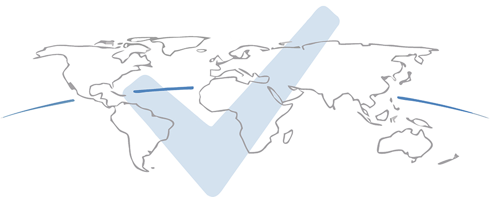 Minimalist outline map of the world with a light blue checkmark overlaid across it.