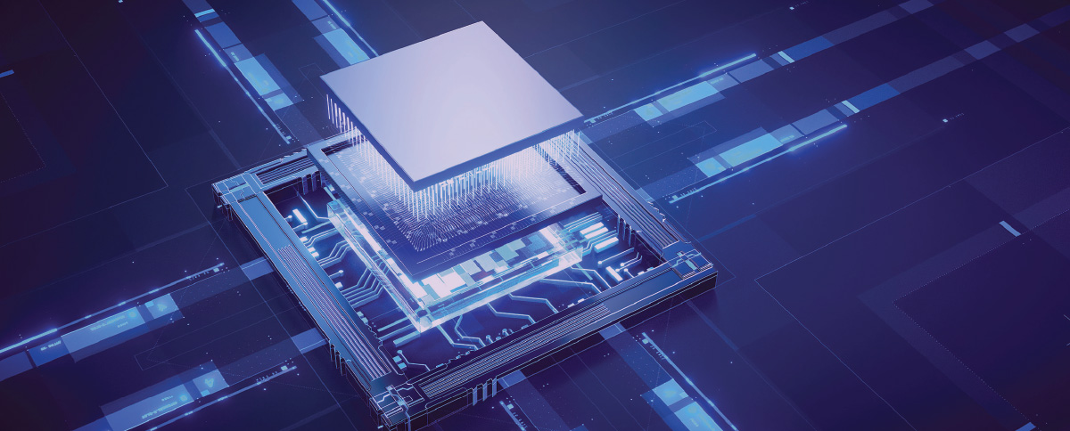 Abstract 3D graphic of a futuristic microchip processor hovering above a blue circuit board.