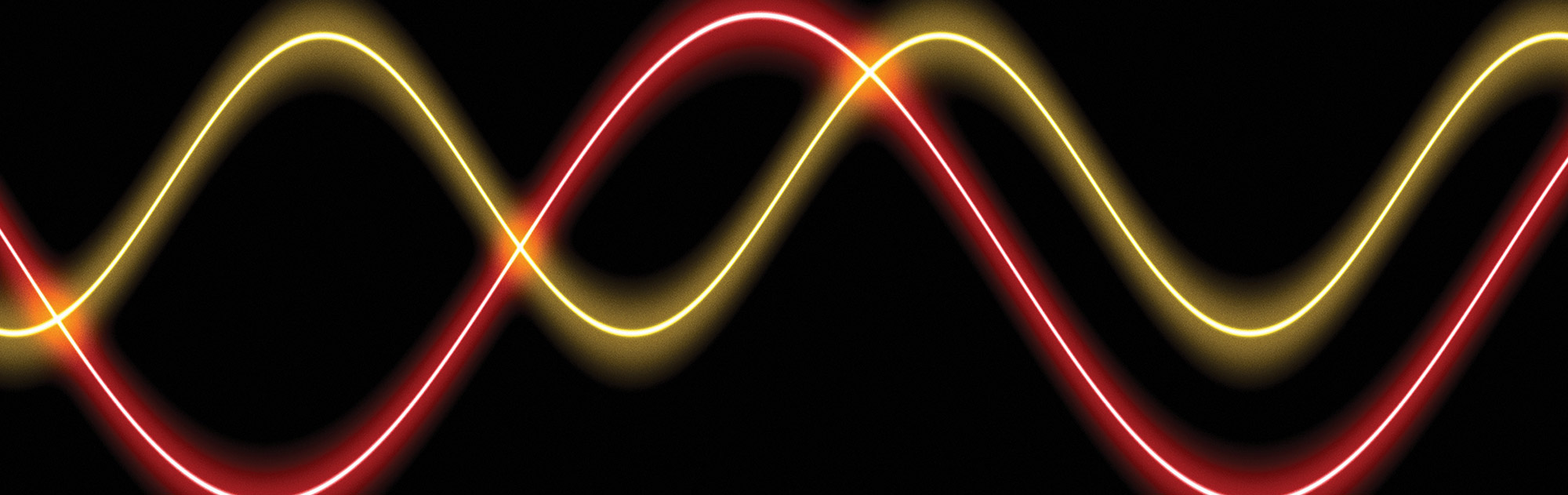 Two glowing, intersecting sinusoidal wave lines, one vibrant red and one yellow, oscillating across a solid black background.
