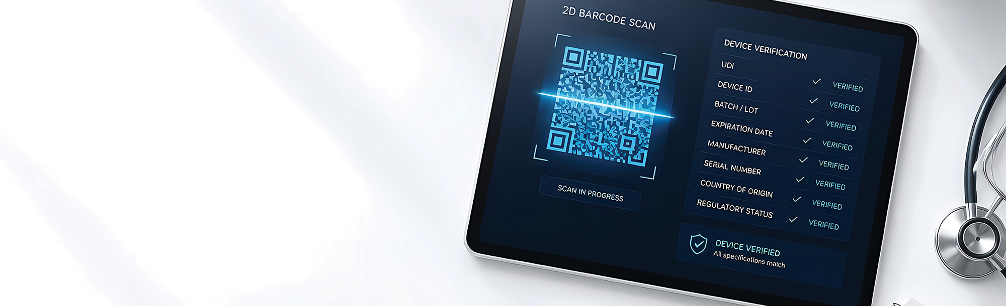 Digital tablet displaying a 2D barcode scan screen with device verification checkmarks alongside a stethoscope.