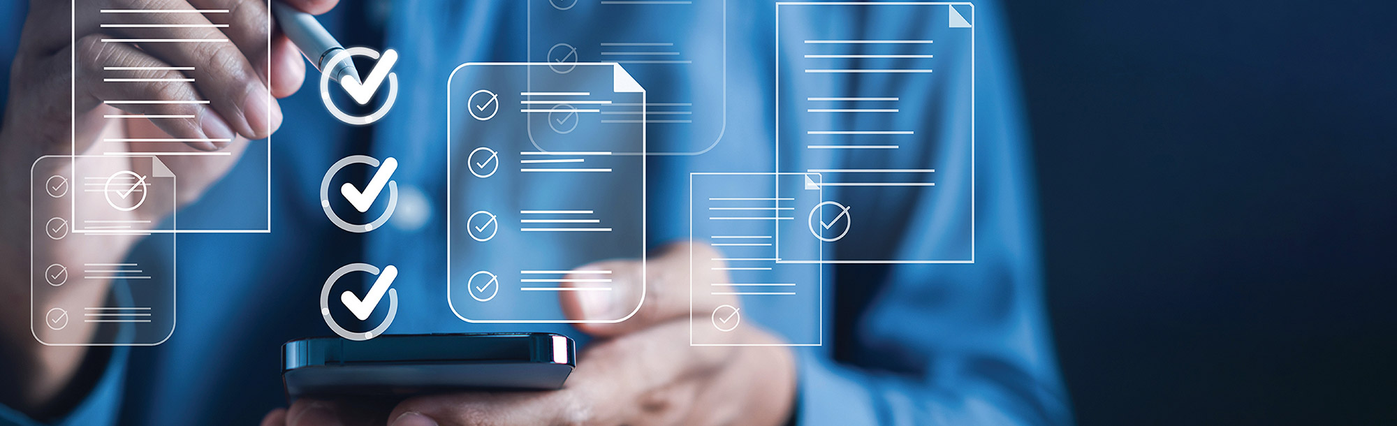 A smartphone displaying glowing digital document icons and checkmarks for compliance auditing.